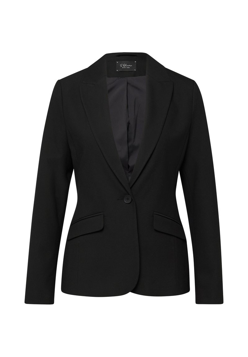 Schwarzer Blazer mit einem Knopfverschluss, spitzen Revers und zwei vorderen Taschen. Glatter Stoff mit maßgeschneiderter Passform und einfarbigem Design.