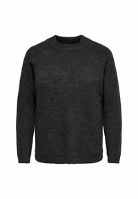 Dunkelgrauer Strickpullover aus Wolle mit langen Ärmeln und rundem Ausschnitt, auf einem schlichten weißen Hintergrund präsentiert.