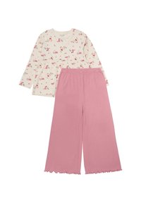 Leichtes, cremefarbenes Langarmoberteil mit Blumenmuster und pinke Hosen mit weitem Bein und Rüschensaum, gefertigt aus weichem, atmungsaktivem Stoff.