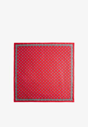 Foulard carré rouge avec des petits motifs floraux blancs répétés et une bordure noire et blanche complexe.