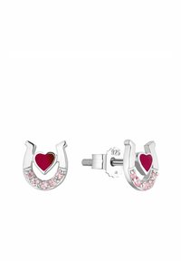 Srebrne kolczyki w kształcie podkowy, z czerwonym emaliowanym sercem i różowymi kamieniami szlachetnymi, oznaczone 925 dla srebra sterlingowego.