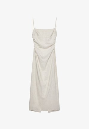 Light beige sleeveless dress with a square neckline, gathered texture at the front, and a straight cut hem. Made from soft, lightweight fabric.