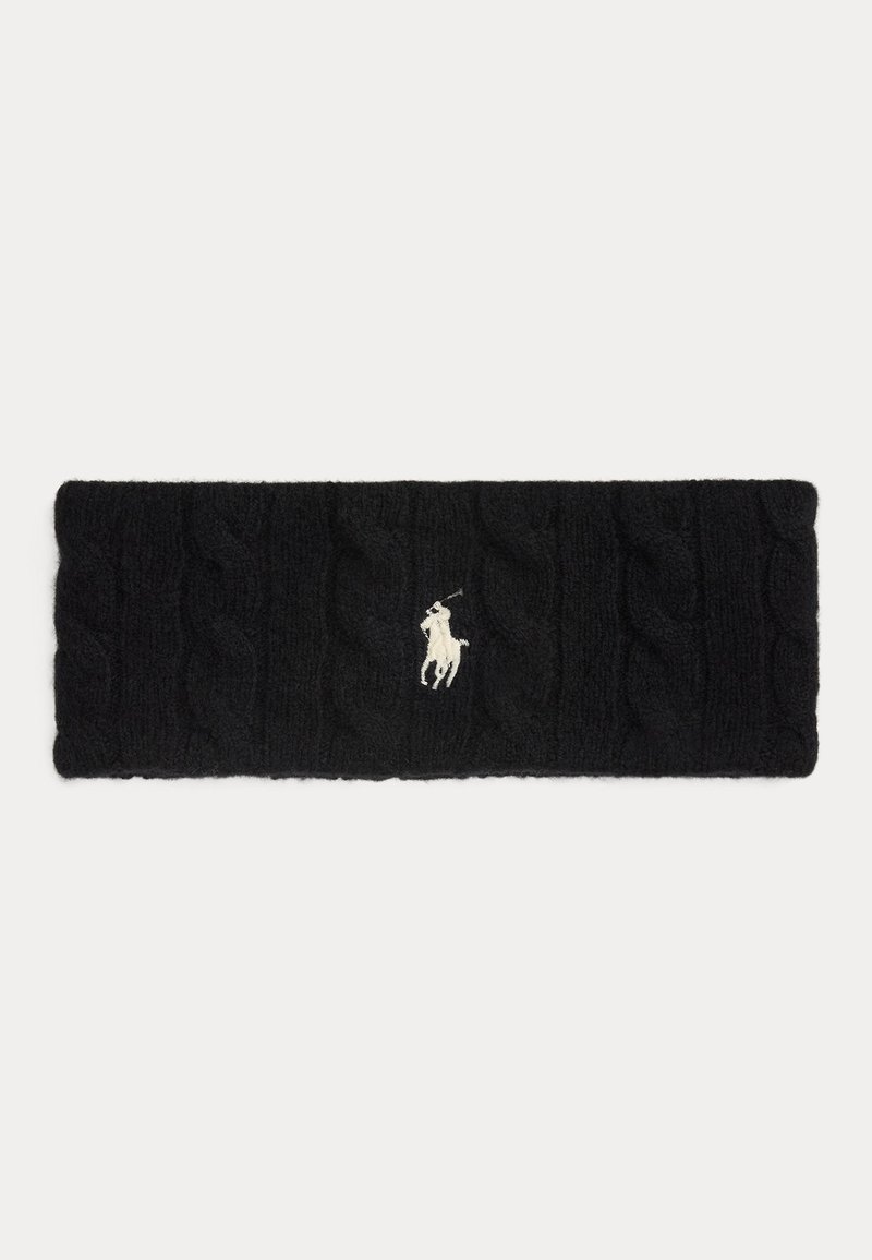Fascia per capelli nera lavorata a maglia con motivo a treccia e logo bianco ricamato del giocatore di polo centrato sul davanti.
