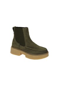 Bottines en daim vert avec panneaux élastiques sur les côtés, bout rond et semelle en caoutchouc épaisse. Présente des coutures le long du bout pour ajouter un détail.