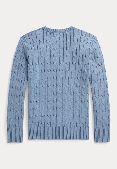 Hele sinine palmikutega kampsun pikkade varrukatega, soonikkoes mansettide ja alläärega, laotatud lamades, näidates tagumist poolt.