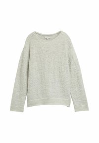 Pull en tricot gris clair avec un motif texturé, encolure arrondie, manches longues, et ourlet et poignets côtelés.