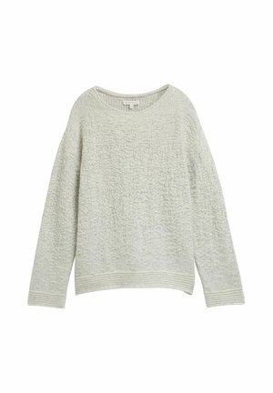 Maglione grigio chiaro lavorato a maglia con un motivo testurizzato, scollatura rotonda, maniche lunghe e orlo e polsini a costine.