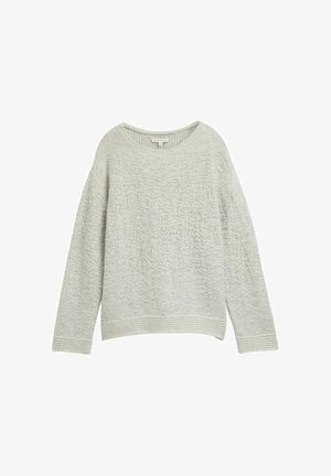 Maglione grigio chiaro lavorato a maglia con un motivo testurizzato, scollatura rotonda, maniche lunghe e orlo e polsini a costine.