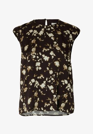 Blusa marrón con estampado floral, de mangas cortas, fabricada en un tejido suave, con escote redondeado, cierre de ojal en la parte trasera y un ajuste ligeramente holgado.