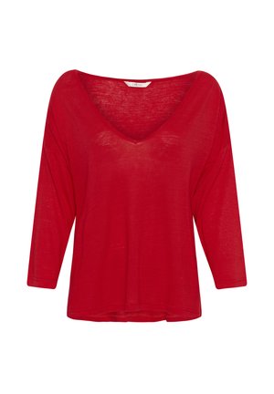 Rood lichtgewicht shirt met lange mouwen, diepe V-hals en ontspannen pasvorm, gemaakt van semi-transparante stof.