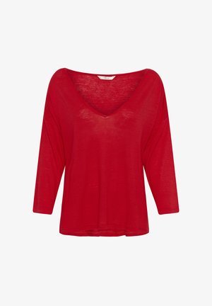 Rood lichtgewicht shirt met lange mouwen, diepe V-hals en ontspannen pasvorm, gemaakt van semi-transparante stof.