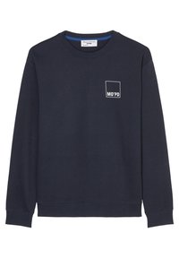 Sweat-shirt bleu marine à manches longues avec col rond, petit carré blanc en contour et texte "MO'PD" sur le haut du côté gauche de la poitrine.