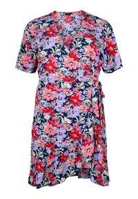Harmonická květinová zavinovací šaty s krátkými rukávy, s námořnickým pozadím a barevným vzorem červených, růžových a fialových květin. Lehký materiál.