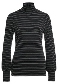 Haut à col roulé noir à manches longues avec des rayures horizontales métalliques de différentes couleurs. Tissu doux avec une coupe ajustée et des poignets de manches froncés.