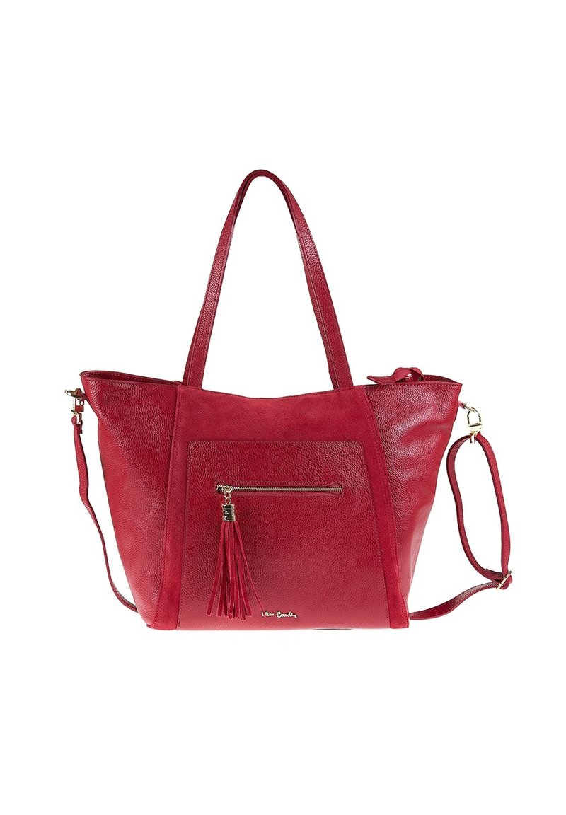 Borsa a spalla in pelle rossa con tasca frontale con zip, dettaglio con frange, doppi manici e tracolla staccabile.