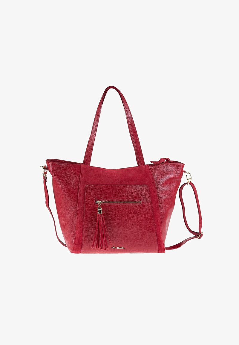 Borsa a spalla in pelle rossa con tasca frontale con zip, dettaglio con frange, doppi manici e tracolla staccabile.