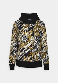 Mikina s kapucí černé barvy, zdobená zlatým a bílým grafickým textem a ozdobnými vzory. Měkká tkanina, volnější střih a elastické manžety.