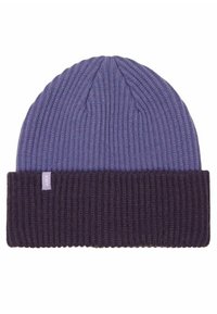 Beanie lavorato a maglia con una texture a coste. Presenta una sfumatura dal viola chiaro al viola scuro sul risvolto. Include un piccolo badge con il logo.