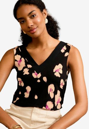 Black sleeveless top with a V-neck, featuring an abstract beige and pink floral pattern, and a smooth, lightweight fabric.