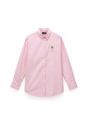 Camicia a maniche lunghe a quadri rossi e bianchi, in cotone, con patta bottone, logo ricamato di una palma sul petto, design del colletto classico.