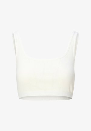 Hvid ribbet croppet tanktop med brede skulderstropper og rund halsudskæring.