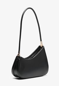 Black leather shoulder bag with a curved design, smooth texture, and a slender strap. Features a gold zipper for closure.