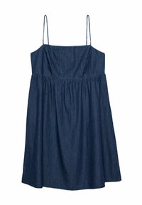 Denimmekko, jossa on ohuet olkaimet, tiukka yläosa ja levenevä hameosa. Kankaan väri on tummansininen ja sen pinta on sileä.