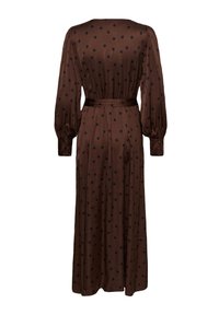 Robe marron à manches longues avec des pois noirs, taille cintrée, poignets boutonnés et jupe midi fluide vue de dos.