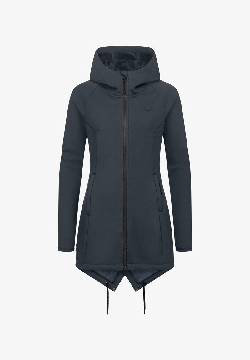 Temno siva dolga jakna z kapuco, ki ima sprednji zadrg in stranske žepe, ter geometrijsko oblikovan rob. Gladek material z rahlo teksturo.