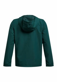 Tmavě zelená kapucňová bunda s dlouhými rukávy a elastickými manžetami, zobrazená zezadu na jednoduchém bílém pozadí.