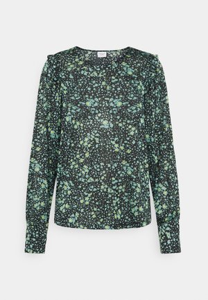 Blouse noire à manches longues avec un petit motif floral vert et jaune, col rond, détails froncés aux épaules et aux poignets.