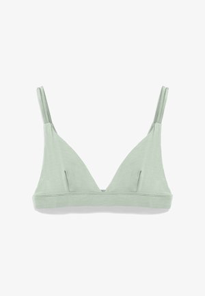 Hellgrünes, weiches Stoff-Bralette mit dreieckigen Cups, doppelten dünnen Schulterträgern und einem elastischen Bund unter der Brust.