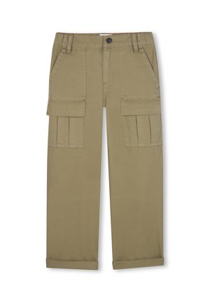 Khaki cargo bukser med flere store lommer, knaplukning, elastisk talje og rullede cuffs. Lavet af holdbart, tekstureret stof.