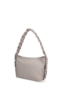Borsa in pelle grigia con manico intrecciato, caratterizzata da una texture liscia e chiusura con zip. Forma rettangolare, design minimalista.
