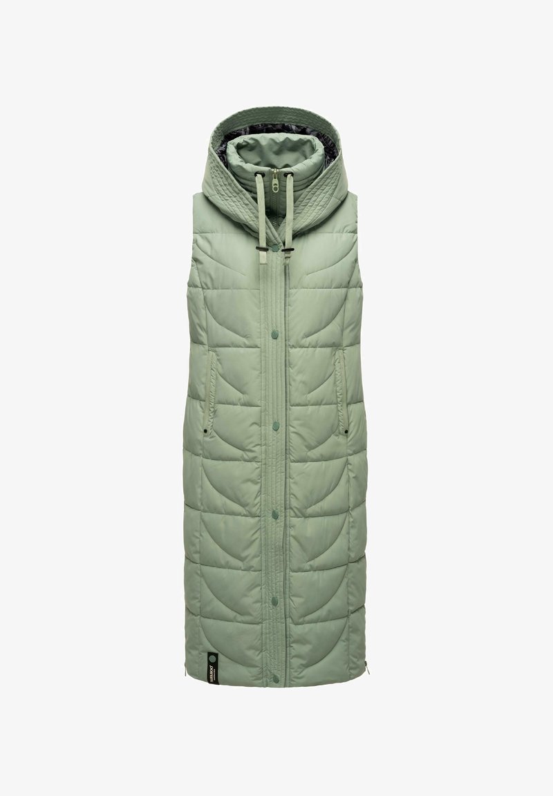 Hele rohelise tooniga pehmendatud vest kõrge kraega ja kapuutsiga, millel on diagonaalsed tikitud mustrid, ees tõmblukk ja kaks küljekotti.