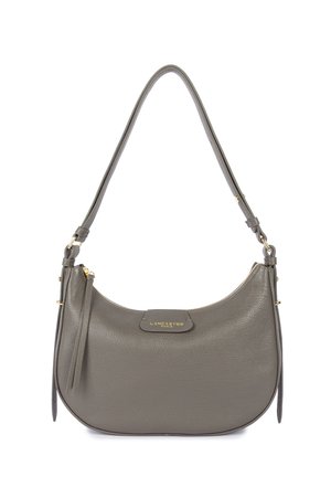 Grey textured leather handbag with a curved shape, gold zipper, shoulder strap, and "Lancaster Paris" logo on front tab.