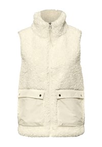 Weißweste aus Fleece mit hohem Kragen, Reißverschluss und zwei Fronttaschen aus glattem Stoff. Weiche Textur mit flauschigem Aussehen.