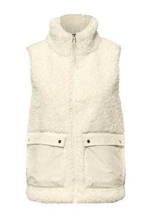 Bílá fleecová vesta s vysokým límcem, zapínáním na zip a dvěma předními kapsami v hladké látce. Měkká textura s nadýchaným vzhledem.