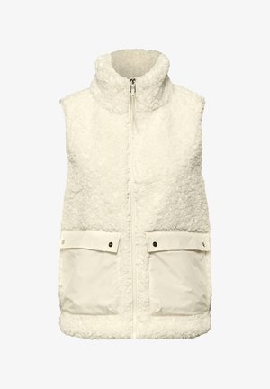 Biały polarowy bezrękawnik z wysokim kołnierzem, zapięciem na zamek i dwoma przednimi kieszeniami z gładkiego materiału. Miękka tekstura o puszystym wyglądzie.