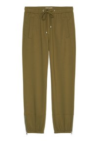 Olijfgroene joggers met elastische tailleband, trekkoord, twee zijzakken en ritssluitingen aan de broekspijpen. Gemaakt van zacht materiaal met een gladde textuur.
