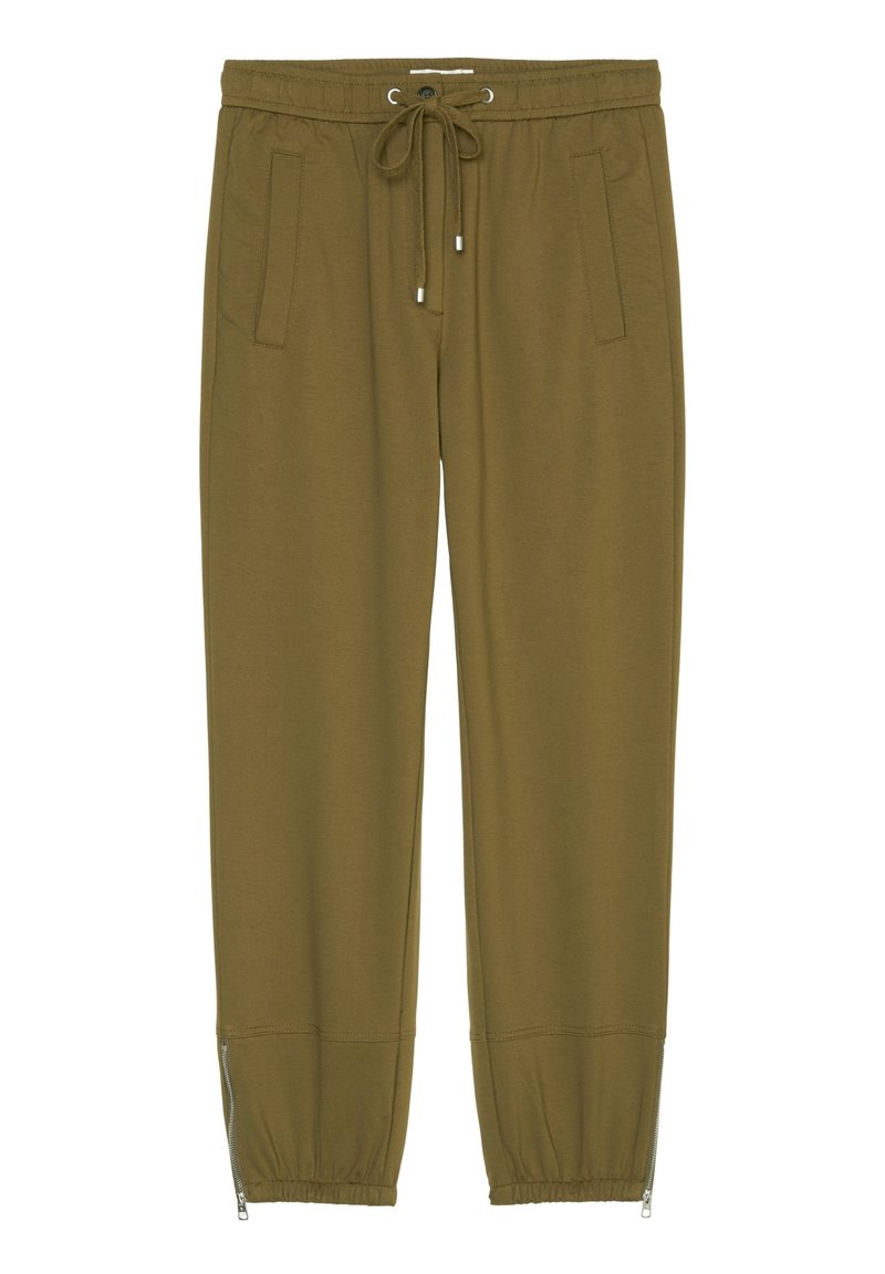 Olijfgroene joggers met elastische tailleband, trekkoord, twee zijzakken en ritssluitingen aan de broekspijpen. Gemaakt van zacht materiaal met een gladde textuur.