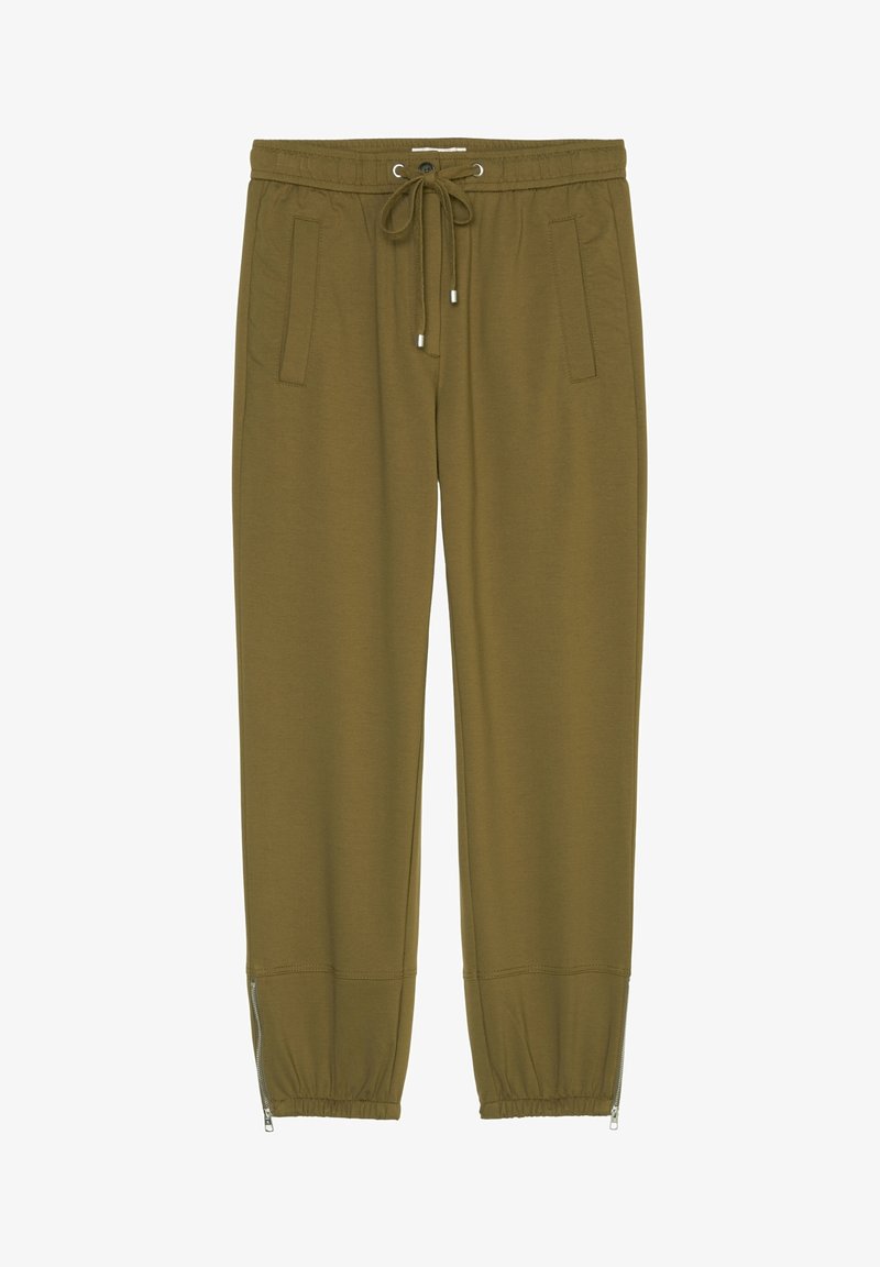 Olijfgroene joggers met elastische tailleband, trekkoord, twee zijzakken en ritssluitingen aan de broekspijpen. Gemaakt van zacht materiaal met een gladde textuur.