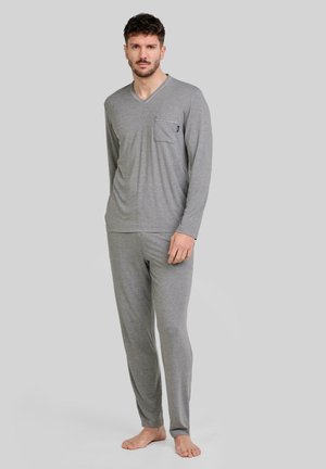 Pijamas de algodón gris de manga larga con escote en V, bolsillo frontal y cinturilla elástica. Textura suave, diseño ajustado y tela transpirable.