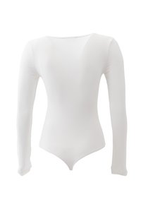 Wit longsleeve bodysuit met een V-halsontwerp, gemaakt van gladde, rekbare stof, met een aansluitende pasvorm en een naadloze silhouet.