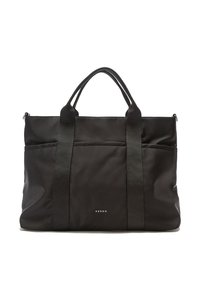 Czarna nylonowa torba typu tote z dwoma górnymi uchwytami, przednią kieszenią na zamek i subtelnym logo. Gładka tekstura i minimalistyczny design.