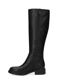 Knähöga svarta läderstövlar med sidogångjärn, rund tå, låg blockklack och slät yta. Minimalistisk design med rena linjer.