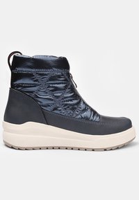 Botine navy blue până la gleznă, cu un superior lucios, matlasat, accente de piele netedă și o talpă groasă albă. Prezintă un sistem de șireturi în față și detalii texturate.