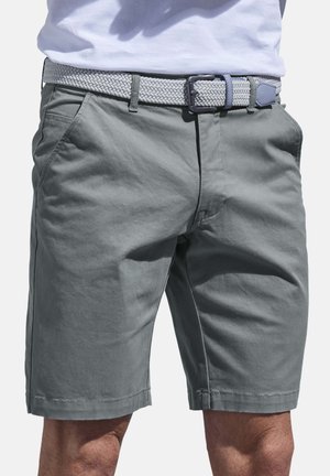 Gray cotton shorts with side pockets, a straight cut, and a woven light gray belt featuring a rectangular buckle.