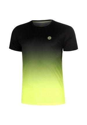 T-shirt met korte mouwen en ronde hals, zwarte bovenkant die vervaagt naar een felgele onderkant en een klein rond logo op de linkerborst.