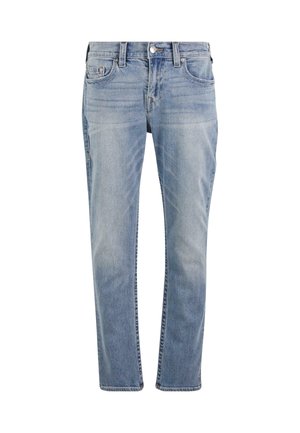 Lichtblauwe denim jeans met een rechte snit, vijf zakken, subtiele vervaging en een klassieke knopenfly. Geen zichtbare slijtage of versieringen.